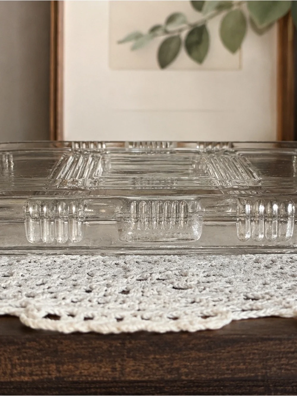 Vintage Clear Pressed Glass Refrigerator Dish w/ Lid Art Deco